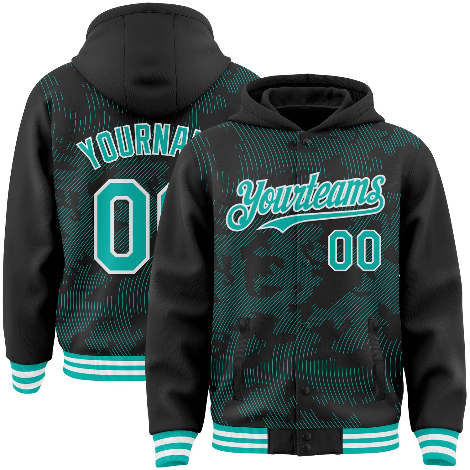 Custom Black Aqua-White Curve Lines Bomber Full-Snap Varsity Letterman Hoodie Jacket