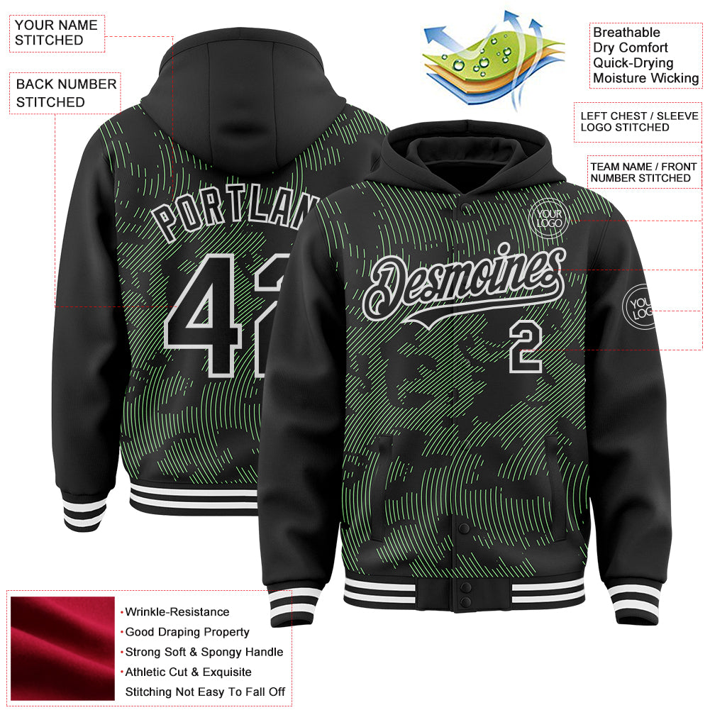 Custom Black Pea Green-White Curve Lines Bomber Full-Snap Varsity Letterman Hoodie Jacket