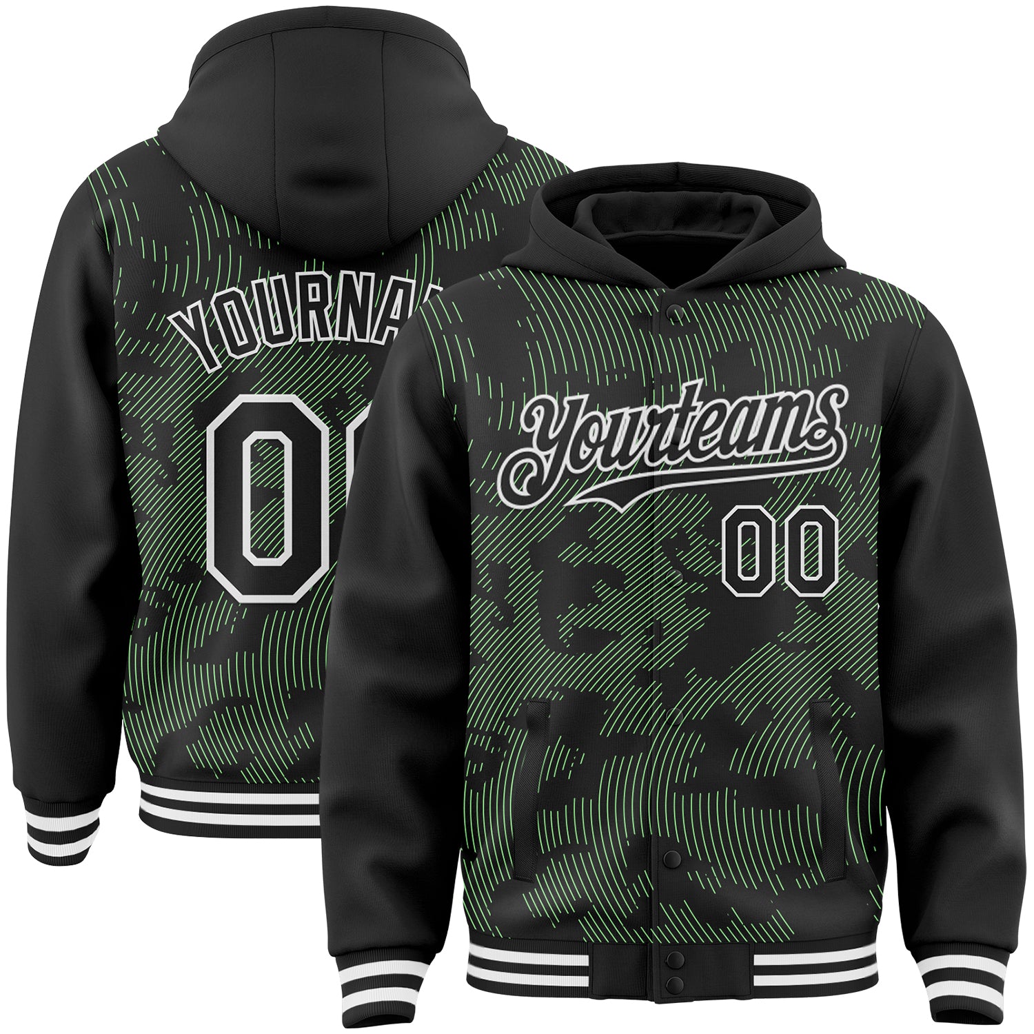 Custom Black Pea Green-White Curve Lines Bomber Full-Snap Varsity Letterman Hoodie Jacket