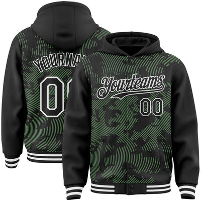 Custom Black Pea Green-White Curve Lines Bomber Full-Snap Varsity Letterman Hoodie Jacket