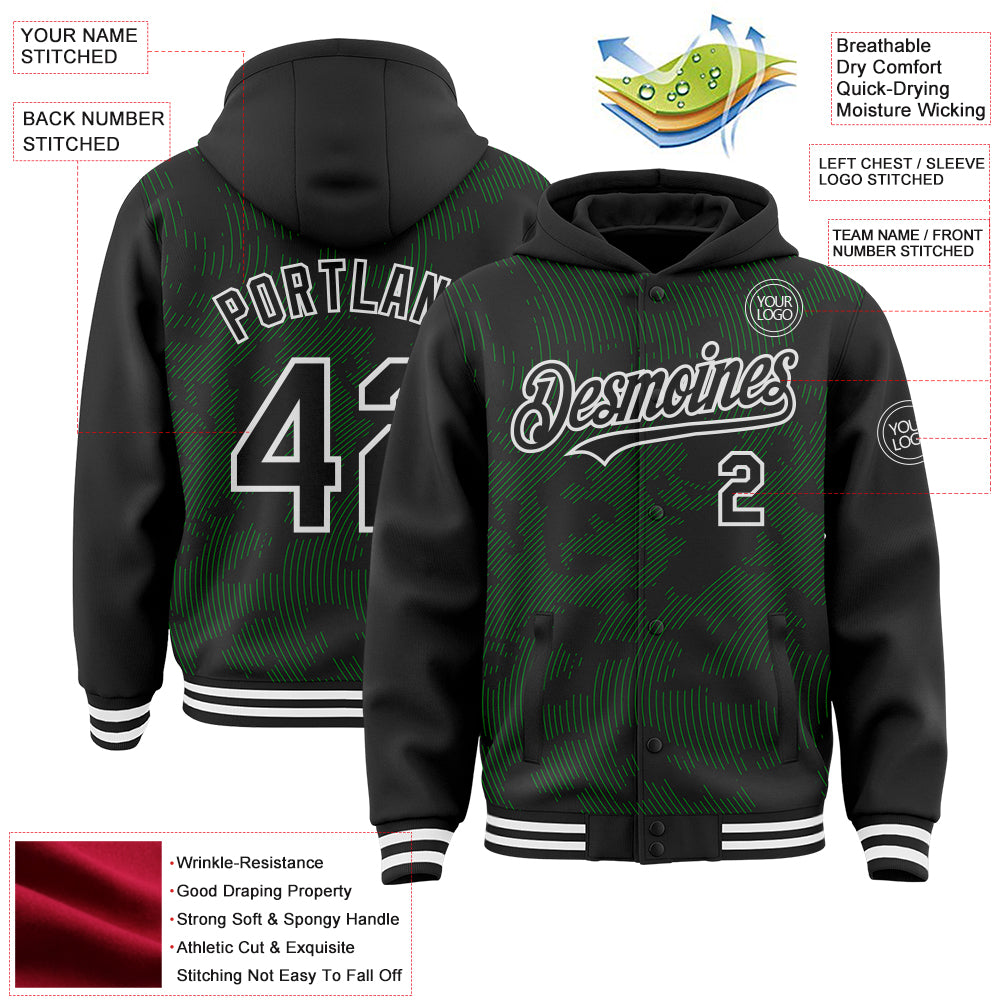 Custom Black Grass Green-White Curve Lines Bomber Full-Snap Varsity Letterman Hoodie Jacket
