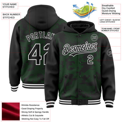 Custom Black Grass Green-White Curve Lines Bomber Full-Snap Varsity Letterman Hoodie Jacket
