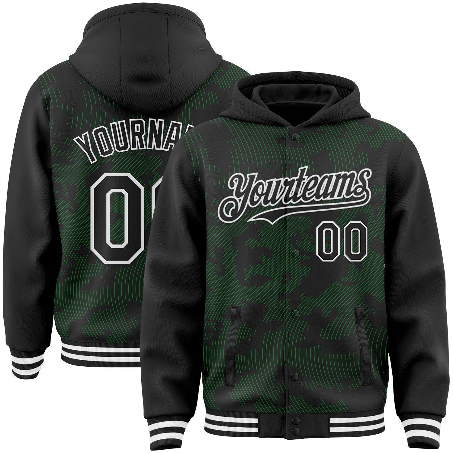 Custom Black Grass Green-White Curve Lines Bomber Full-Snap Varsity Letterman Hoodie Jacket