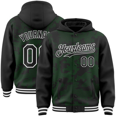 Custom Black Grass Green-White Curve Lines Bomber Full-Snap Varsity Letterman Hoodie Jacket
