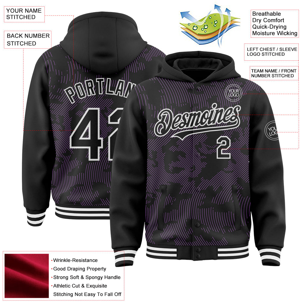 Custom Black Medium Purple-White Curve Lines Bomber Full-Snap Varsity Letterman Hoodie Jacket