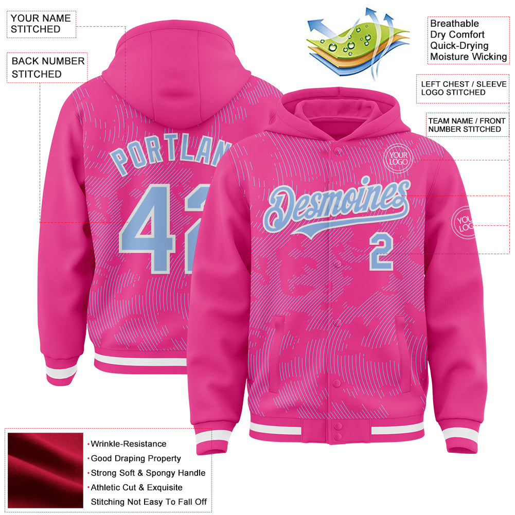 Custom Pink Light Blue-White Curve Lines Bomber Full-Snap Varsity Letterman Hoodie Jacket