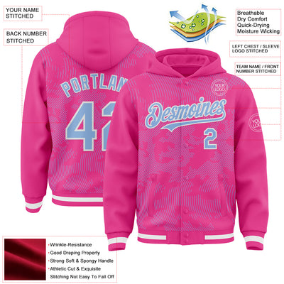 Custom Pink Light Blue-White Curve Lines Bomber Full-Snap Varsity Letterman Hoodie Jacket