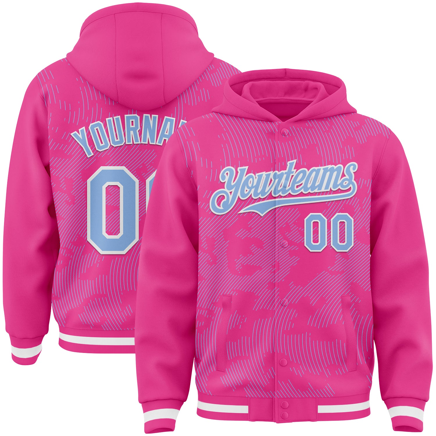 Custom Pink Light Blue-White Curve Lines Bomber Full-Snap Varsity Letterman Hoodie Jacket