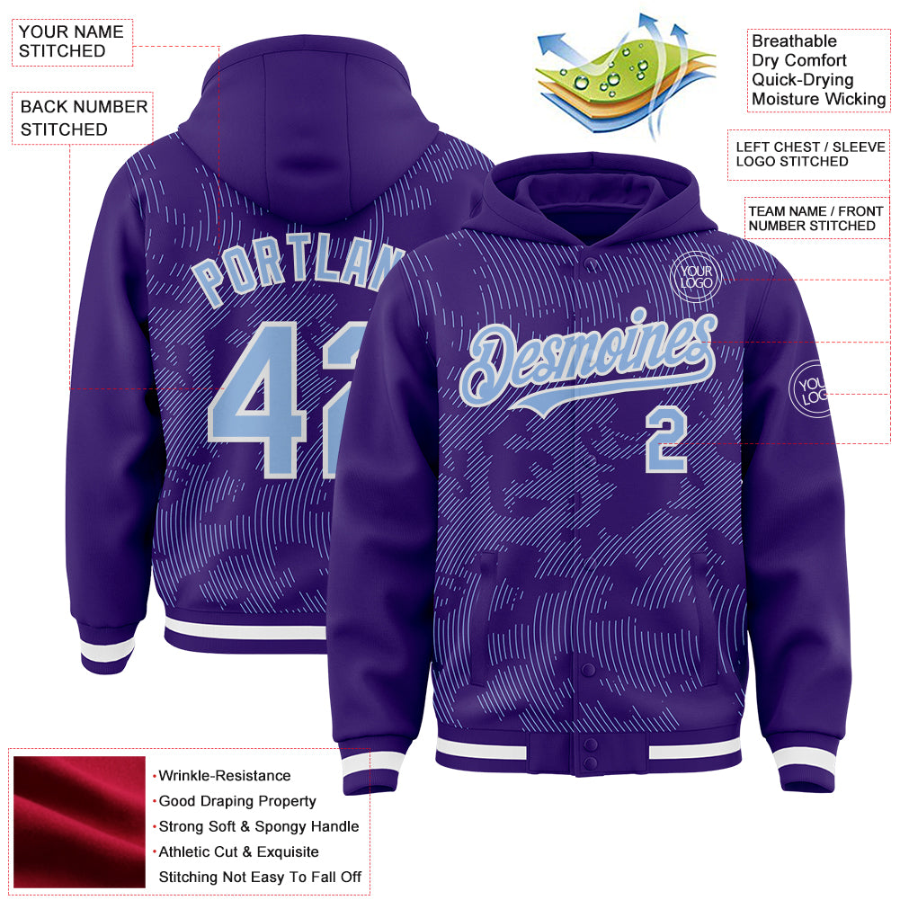 Custom Purple Light Blue-White Curve Lines Bomber Full-Snap Varsity Letterman Hoodie Jacket