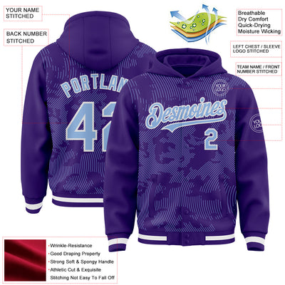 Custom Purple Light Blue-White Curve Lines Bomber Full-Snap Varsity Letterman Hoodie Jacket