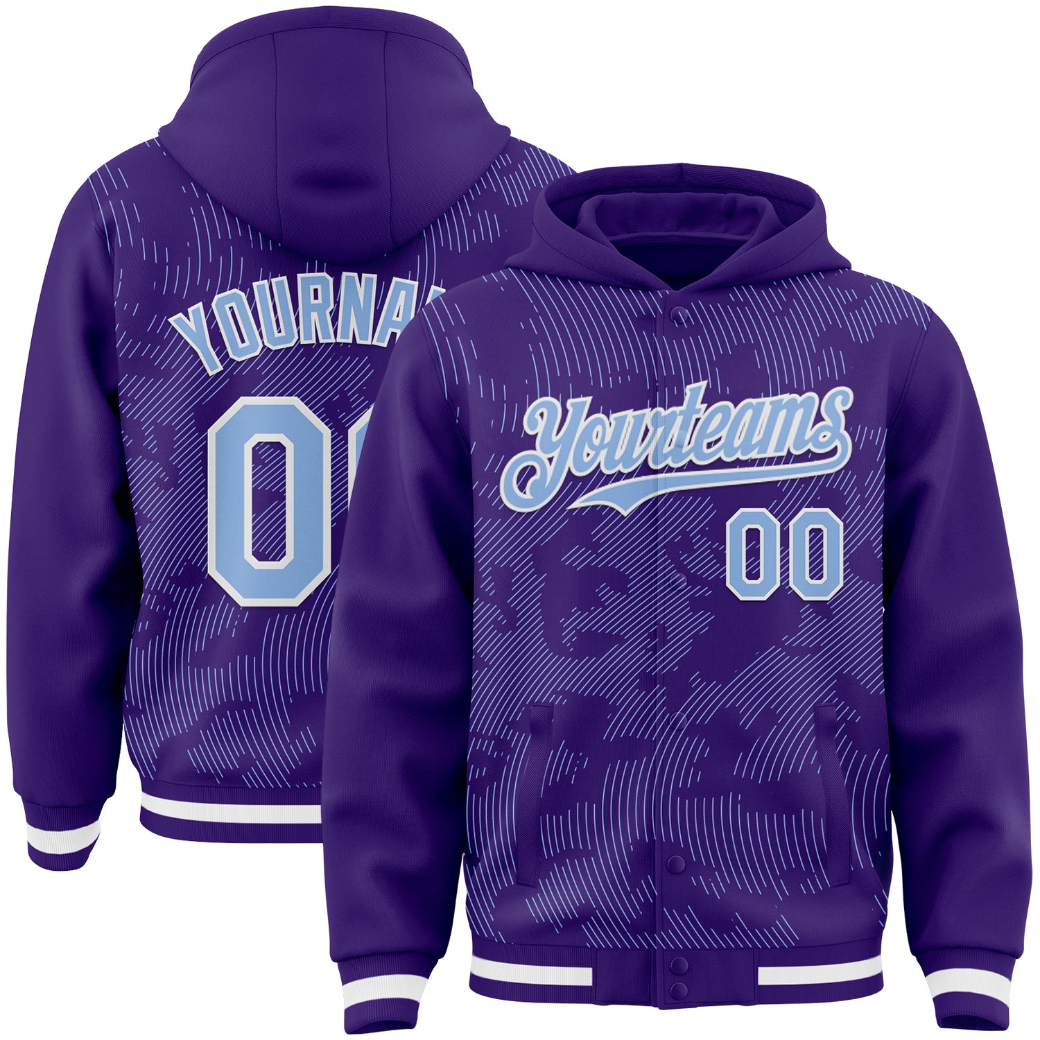 Custom Purple Light Blue-White Curve Lines Bomber Full-Snap Varsity Letterman Hoodie Jacket
