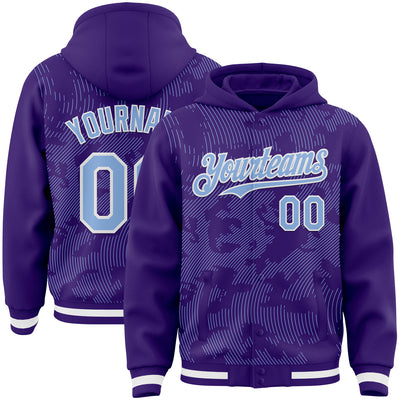 Custom Purple Light Blue-White Curve Lines Bomber Full-Snap Varsity Letterman Hoodie Jacket