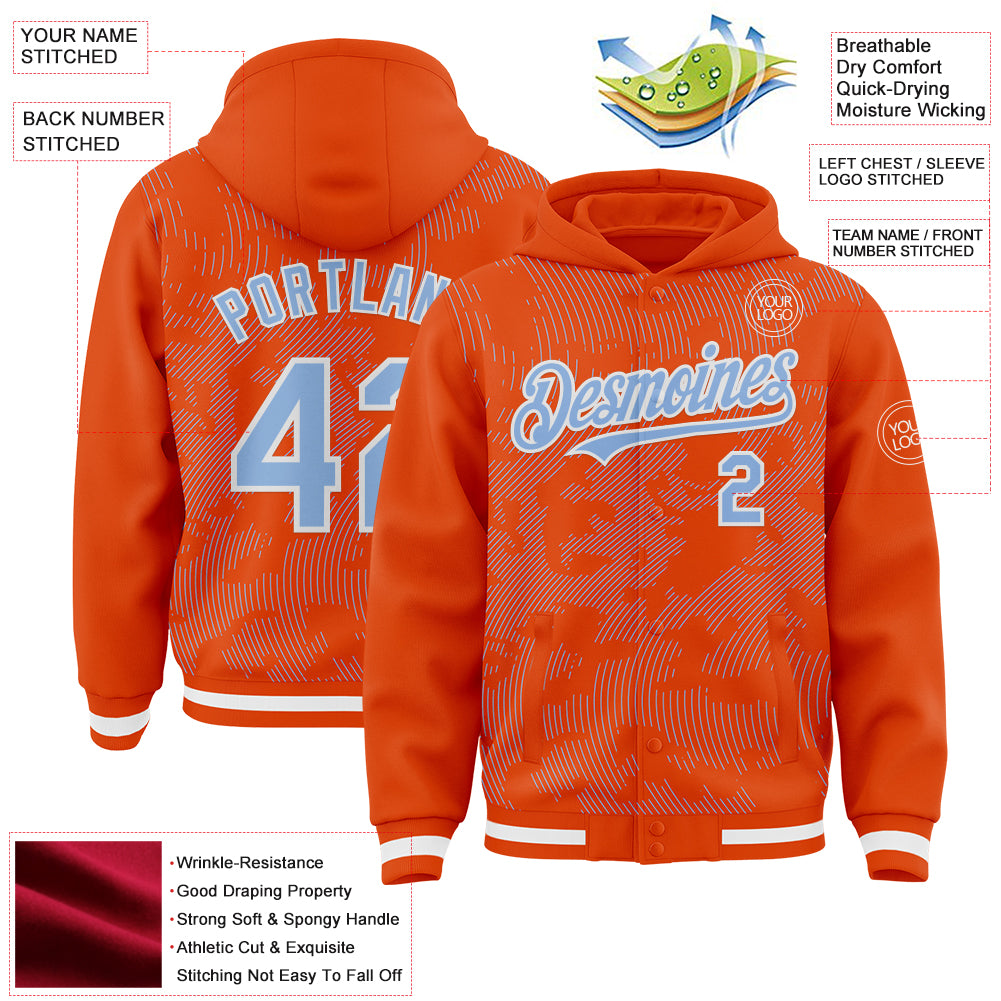 Custom Orange Light Blue-White Curve Lines Bomber Full-Snap Varsity Letterman Hoodie Jacket