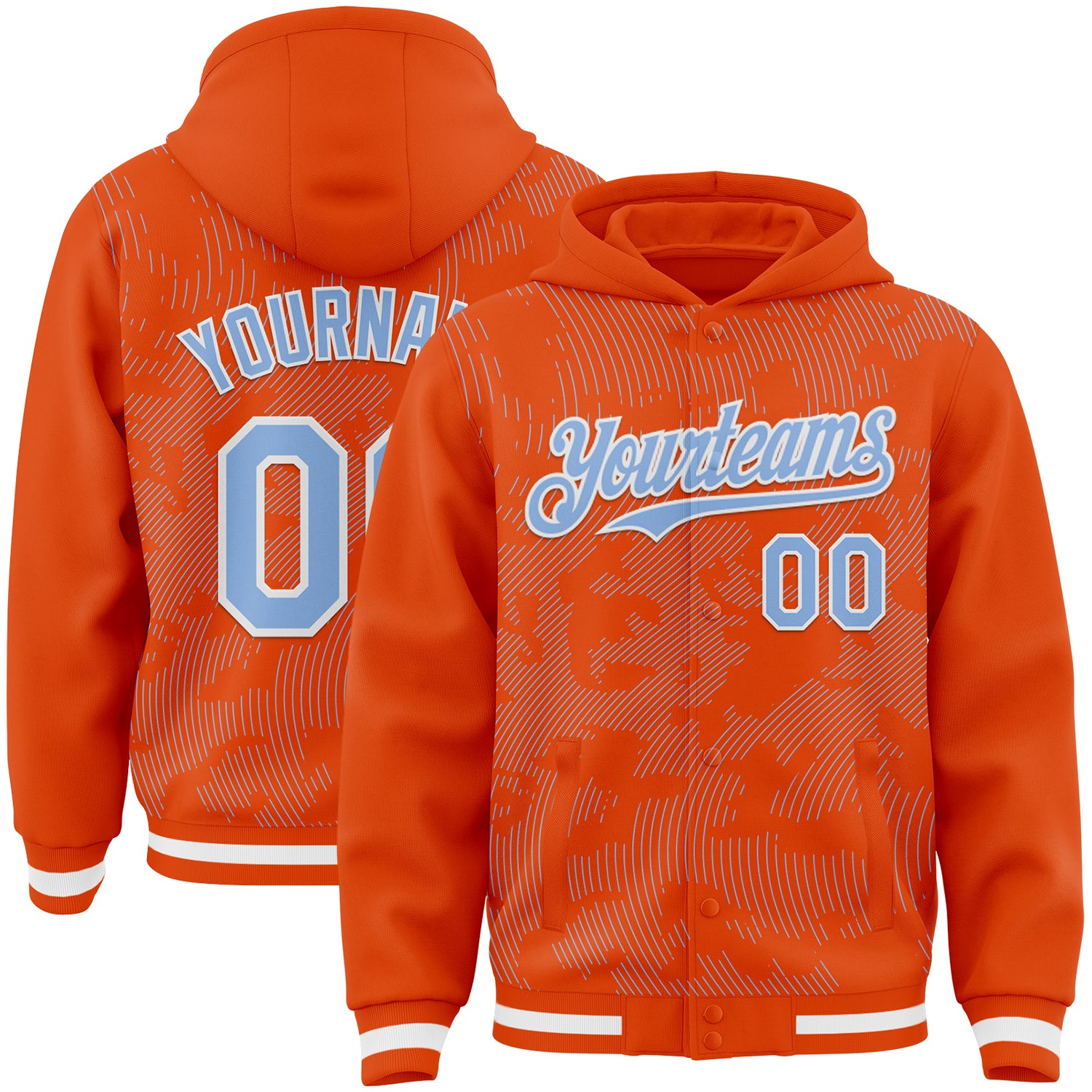 Custom Orange Light Blue-White Curve Lines Bomber Full-Snap Varsity Letterman Hoodie Jacket