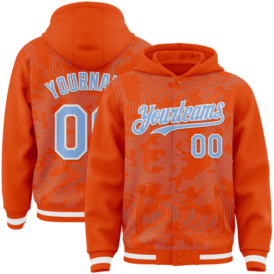 Custom Orange Light Blue-White Curve Lines Bomber Full-Snap Varsity Letterman Hoodie Jacket
