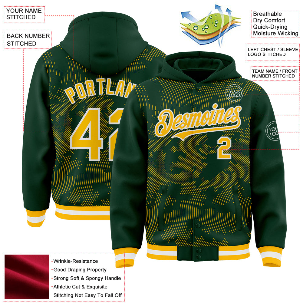 Custom Green Gold-White Curve Lines Bomber Full-Snap Varsity Letterman Hoodie Jacket