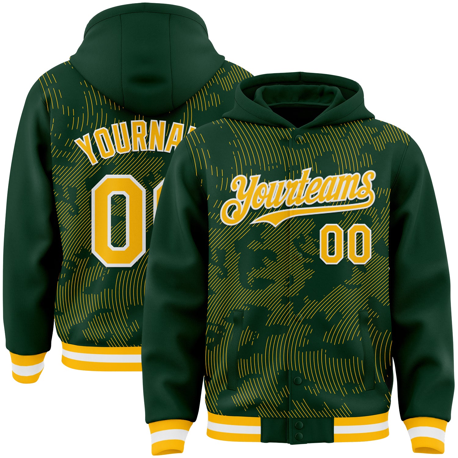 Custom Green Gold-White Curve Lines Bomber Full-Snap Varsity Letterman Hoodie Jacket