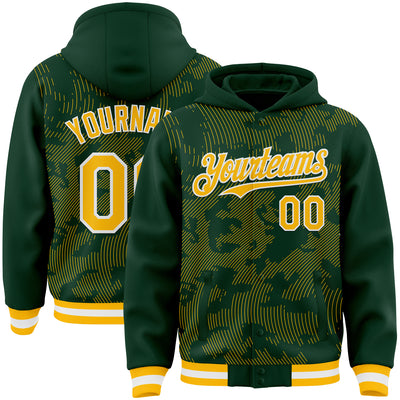 Custom Green Gold-White Curve Lines Bomber Full-Snap Varsity Letterman Hoodie Jacket