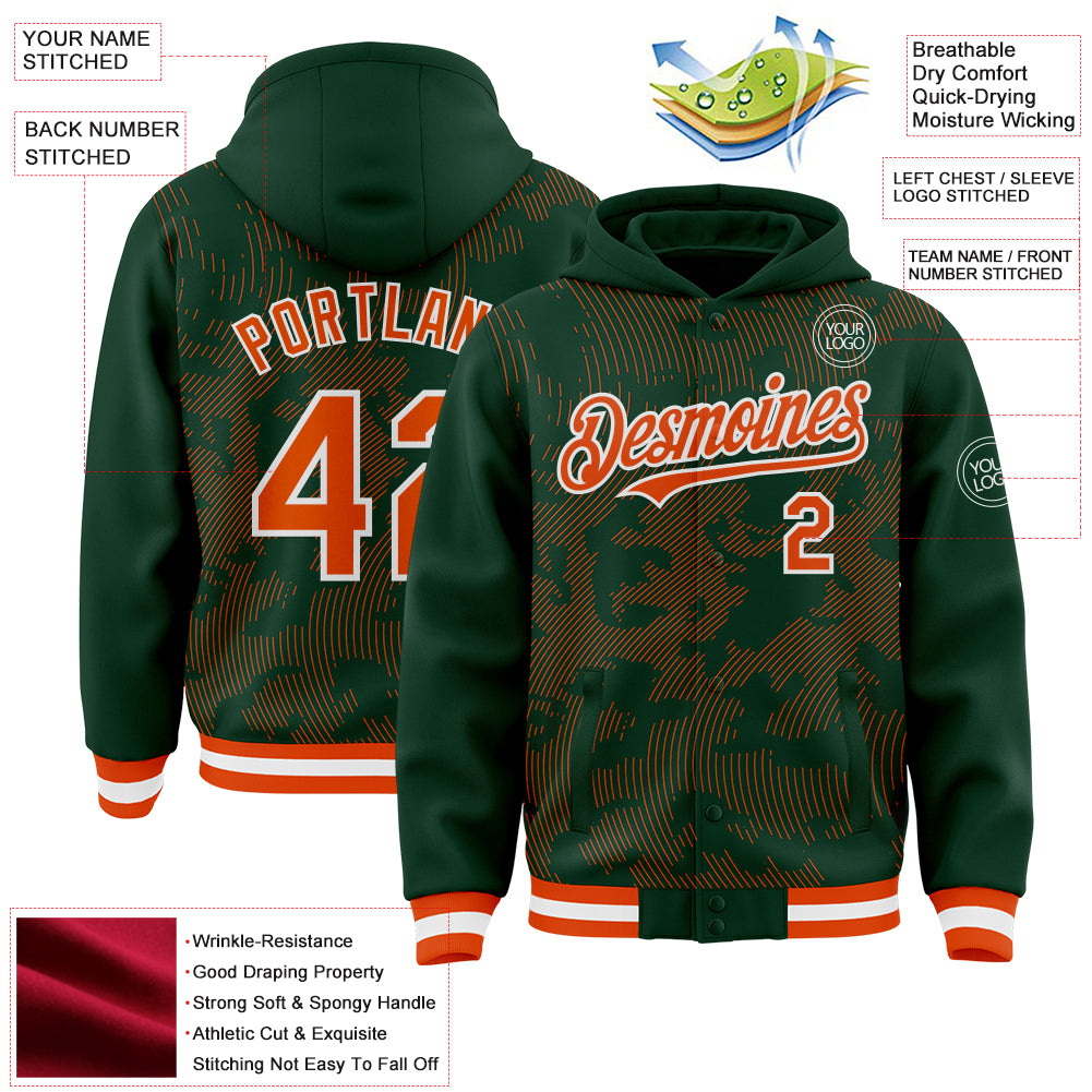 Custom Green Orange-White Curve Lines Bomber Full-Snap Varsity Letterman Hoodie Jacket