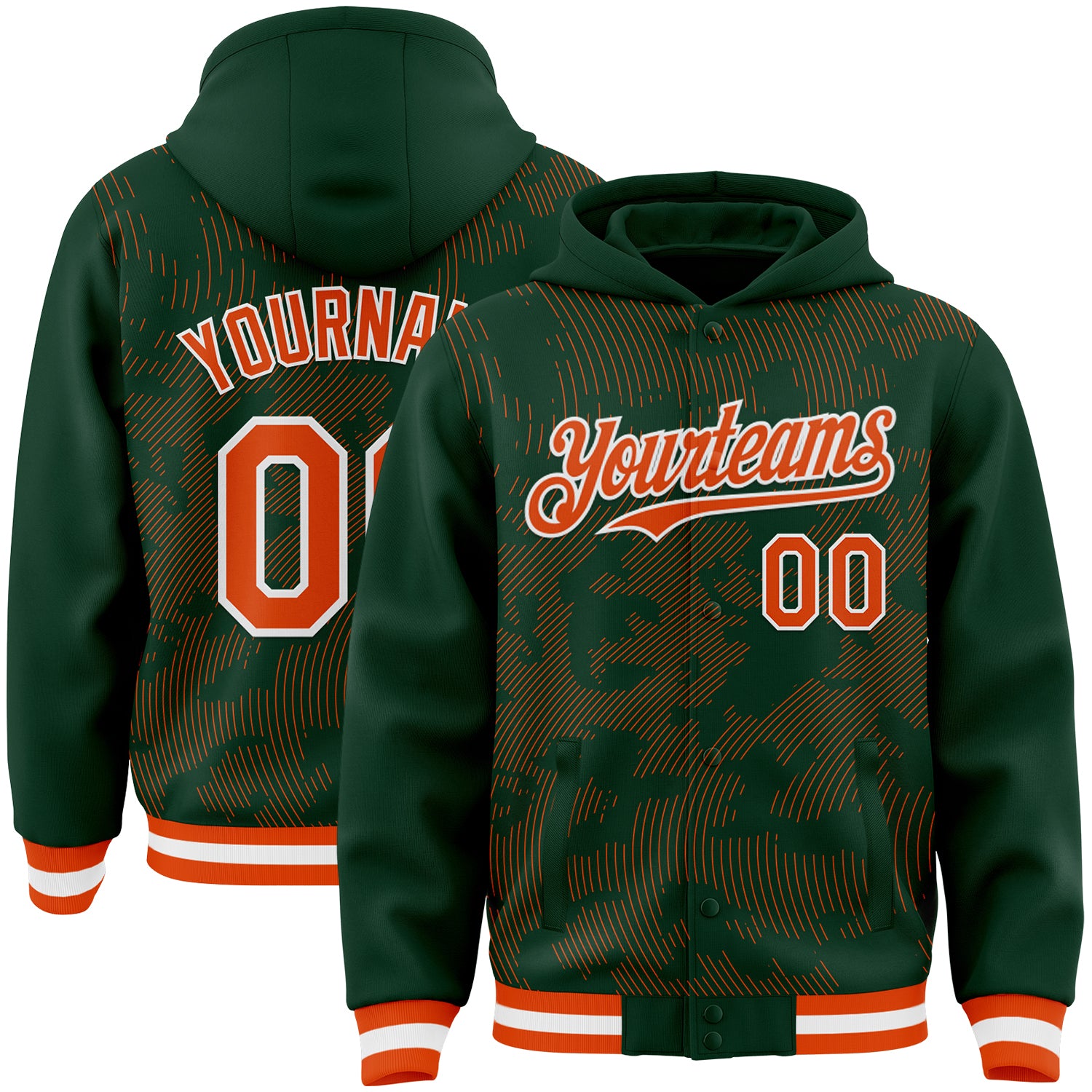 Custom Green Orange-White Curve Lines Bomber Full-Snap Varsity Letterman Hoodie Jacket