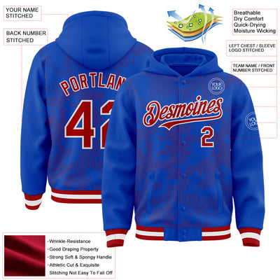 Custom Thunder Blue Red-White Curve Lines Bomber Full-Snap Varsity Letterman Hoodie Jacket