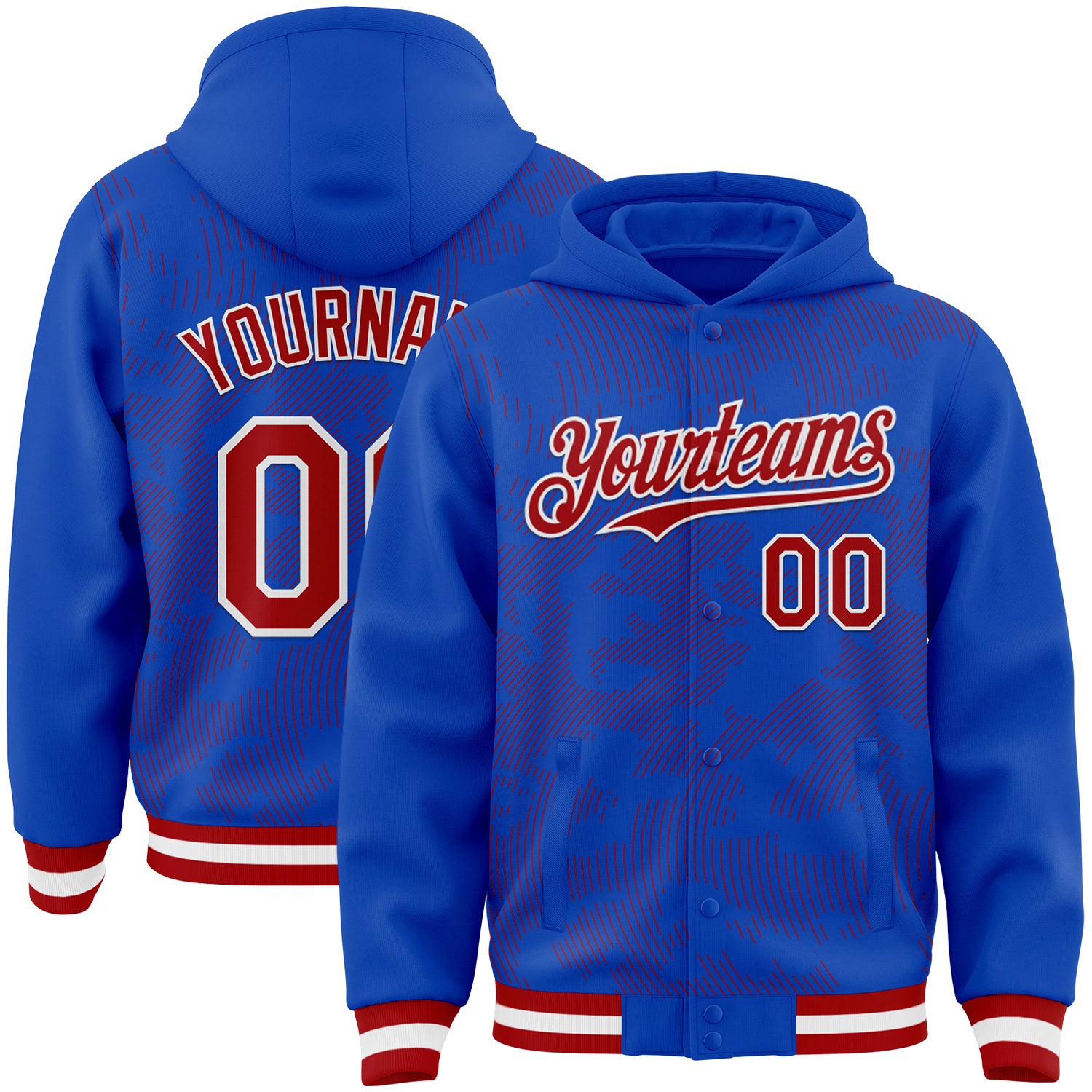 Custom Thunder Blue Red-White Curve Lines Bomber Full-Snap Varsity Letterman Hoodie Jacket