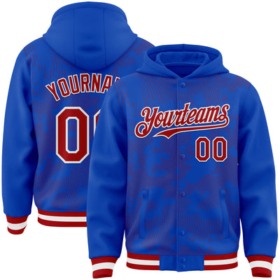 Custom Thunder Blue Red-White Curve Lines Bomber Full-Snap Varsity Letterman Hoodie Jacket