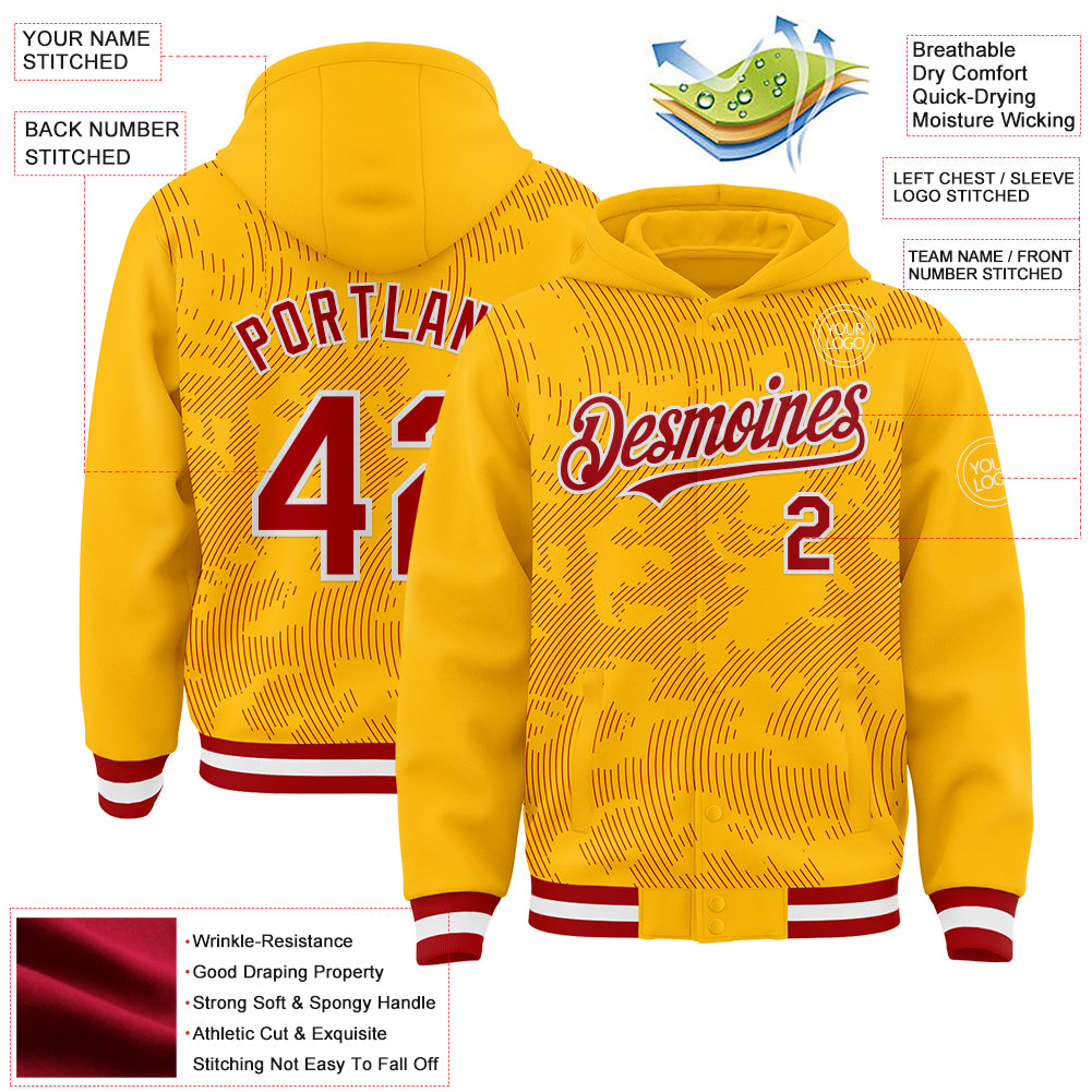 Custom Gold Red-White Curve Lines Bomber Full-Snap Varsity Letterman Hoodie Jacket
