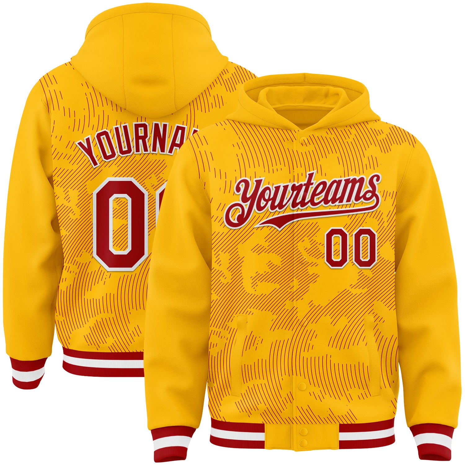 Custom Gold Red-White Curve Lines Bomber Full-Snap Varsity Letterman Hoodie Jacket