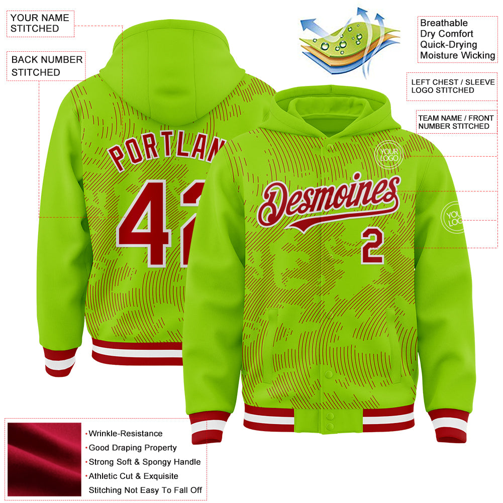 Custom Neon Green Red-White Curve Lines Bomber Full-Snap Varsity Letterman Hoodie Jacket