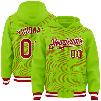 Custom Neon Green Red-White Curve Lines Bomber Full-Snap Varsity Letterman Hoodie Jacket