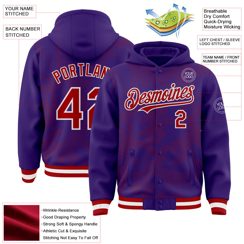 Custom Purple Red-White Curve Lines Bomber Full-Snap Varsity Letterman Hoodie Jacket