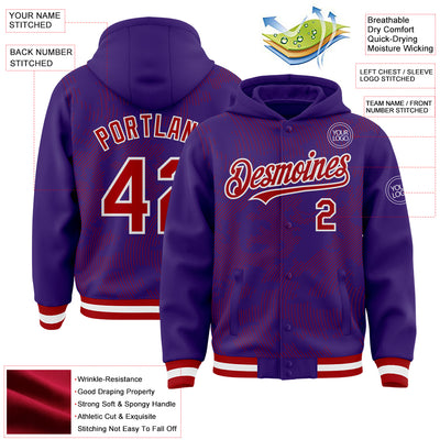 Custom Purple Red-White Curve Lines Bomber Full-Snap Varsity Letterman Hoodie Jacket