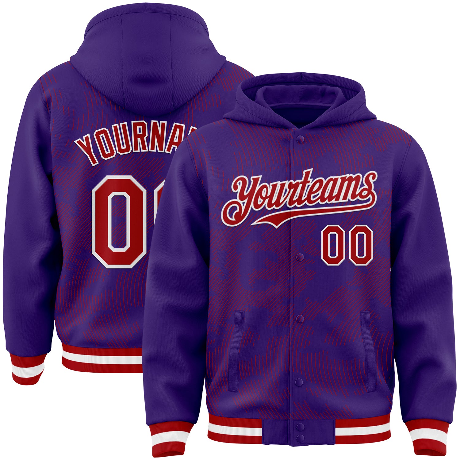 Custom Purple Red-White Curve Lines Bomber Full-Snap Varsity Letterman Hoodie Jacket
