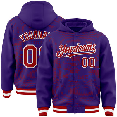 Custom Purple Red-White Curve Lines Bomber Full-Snap Varsity Letterman Hoodie Jacket