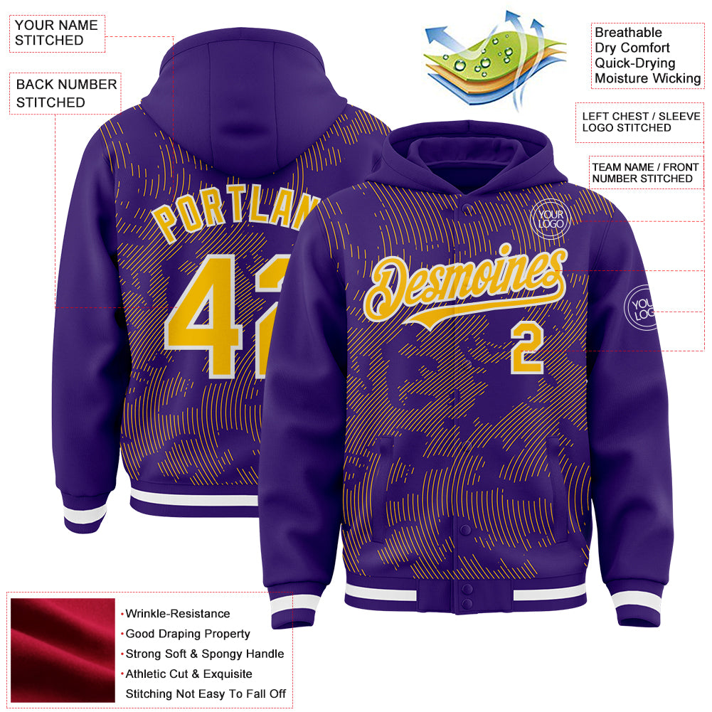 Custom Purple Gold-White Curve Lines Bomber Full-Snap Varsity Letterman Hoodie Jacket
