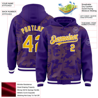 Custom Purple Gold-White Curve Lines Bomber Full-Snap Varsity Letterman Hoodie Jacket