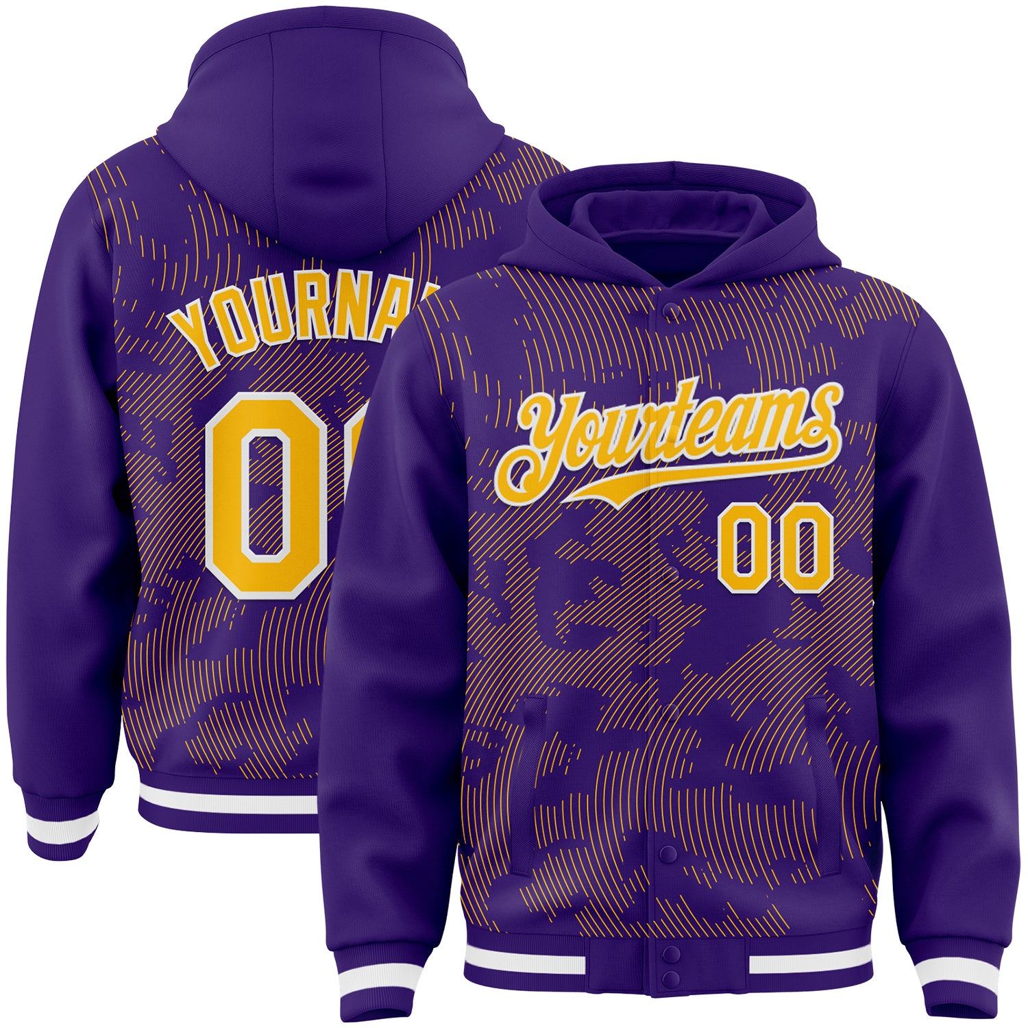 Custom Purple Gold-White Curve Lines Bomber Full-Snap Varsity Letterman Hoodie Jacket
