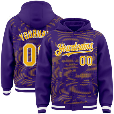 Custom Purple Gold-White Curve Lines Bomber Full-Snap Varsity Letterman Hoodie Jacket