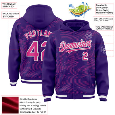 Custom Purple Pink-White Curve Lines Bomber Full-Snap Varsity Letterman Hoodie Jacket