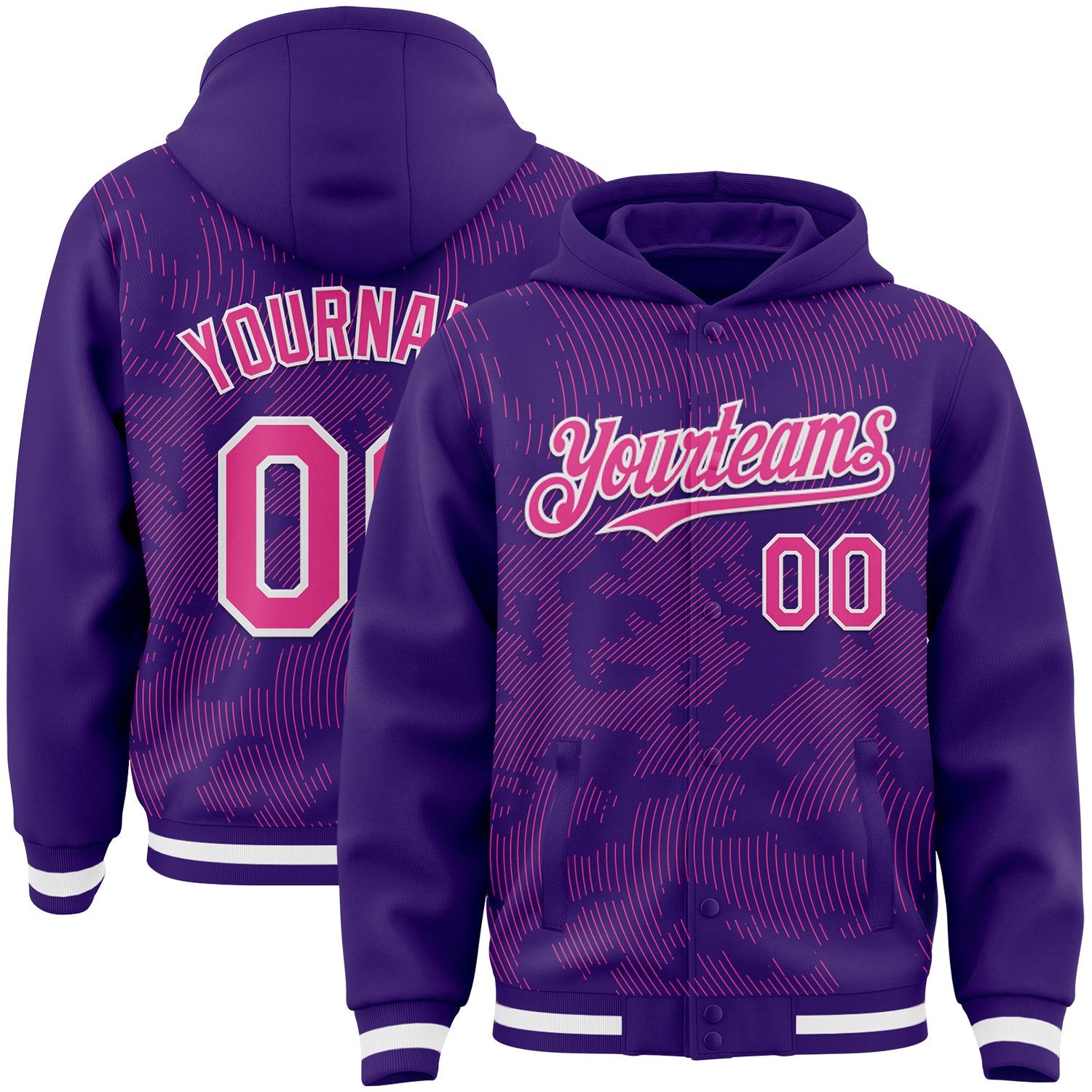 Custom Purple Pink-White Curve Lines Bomber Full-Snap Varsity Letterman Hoodie Jacket