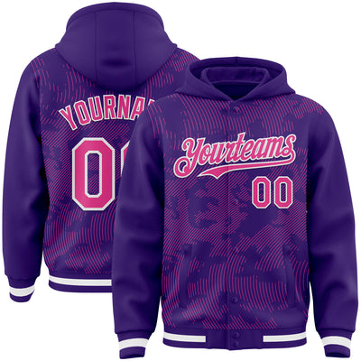 Custom Purple Pink-White Curve Lines Bomber Full-Snap Varsity Letterman Hoodie Jacket