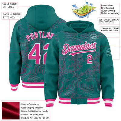 Custom Teal Pink-White Curve Lines Bomber Full-Snap Varsity Letterman Hoodie Jacket