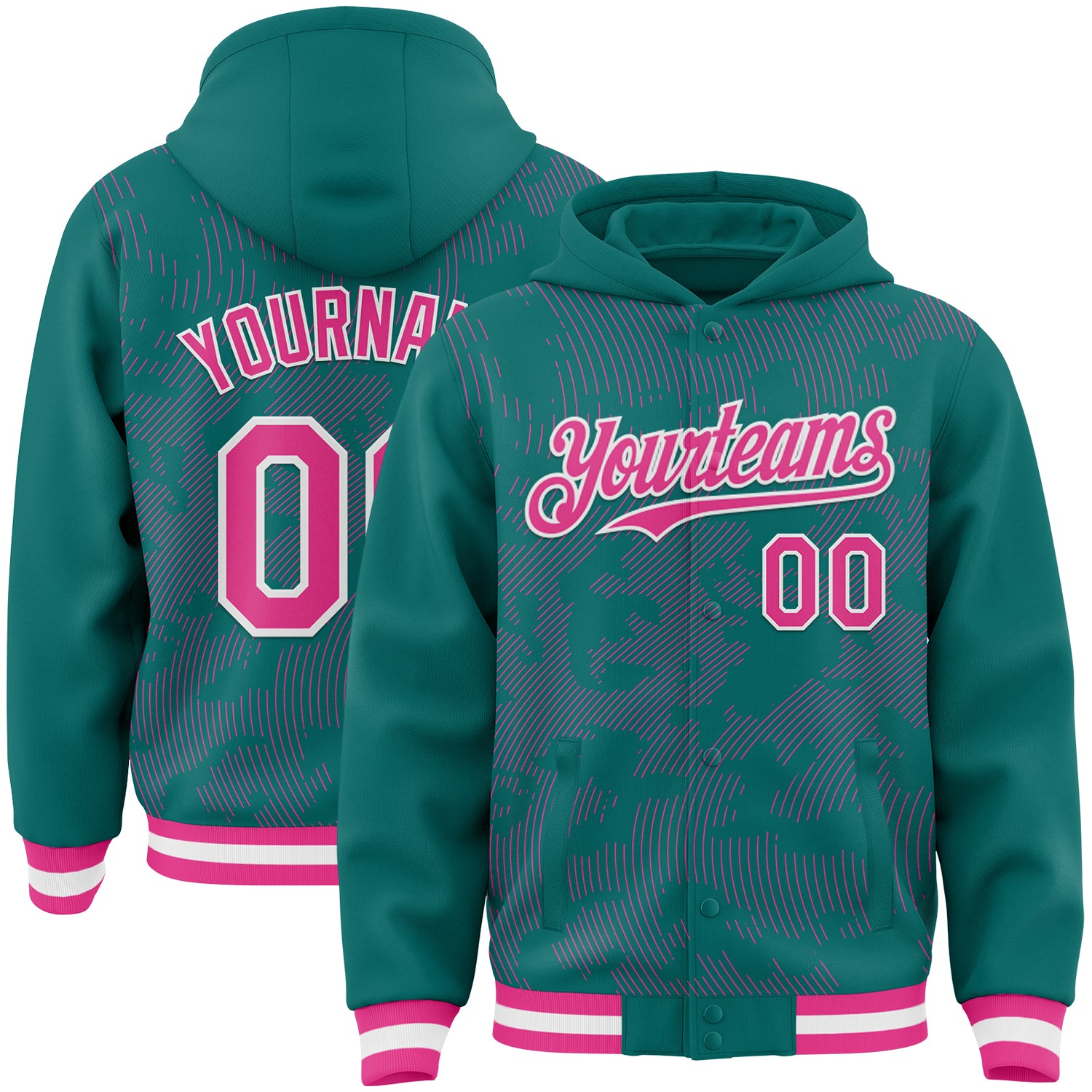 Custom Teal Pink-White Curve Lines Bomber Full-Snap Varsity Letterman Hoodie Jacket