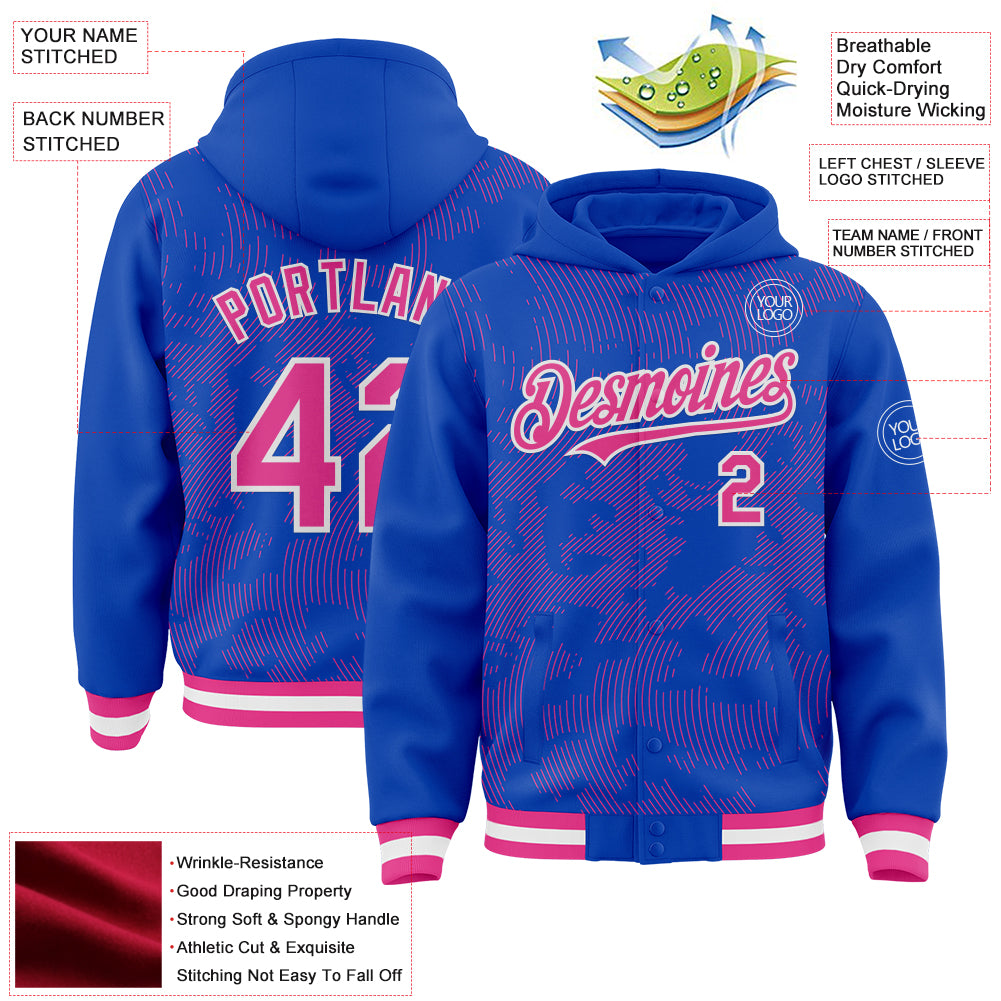 Custom Thunder Blue Pink-White Curve Lines Bomber Full-Snap Varsity Letterman Hoodie Jacket