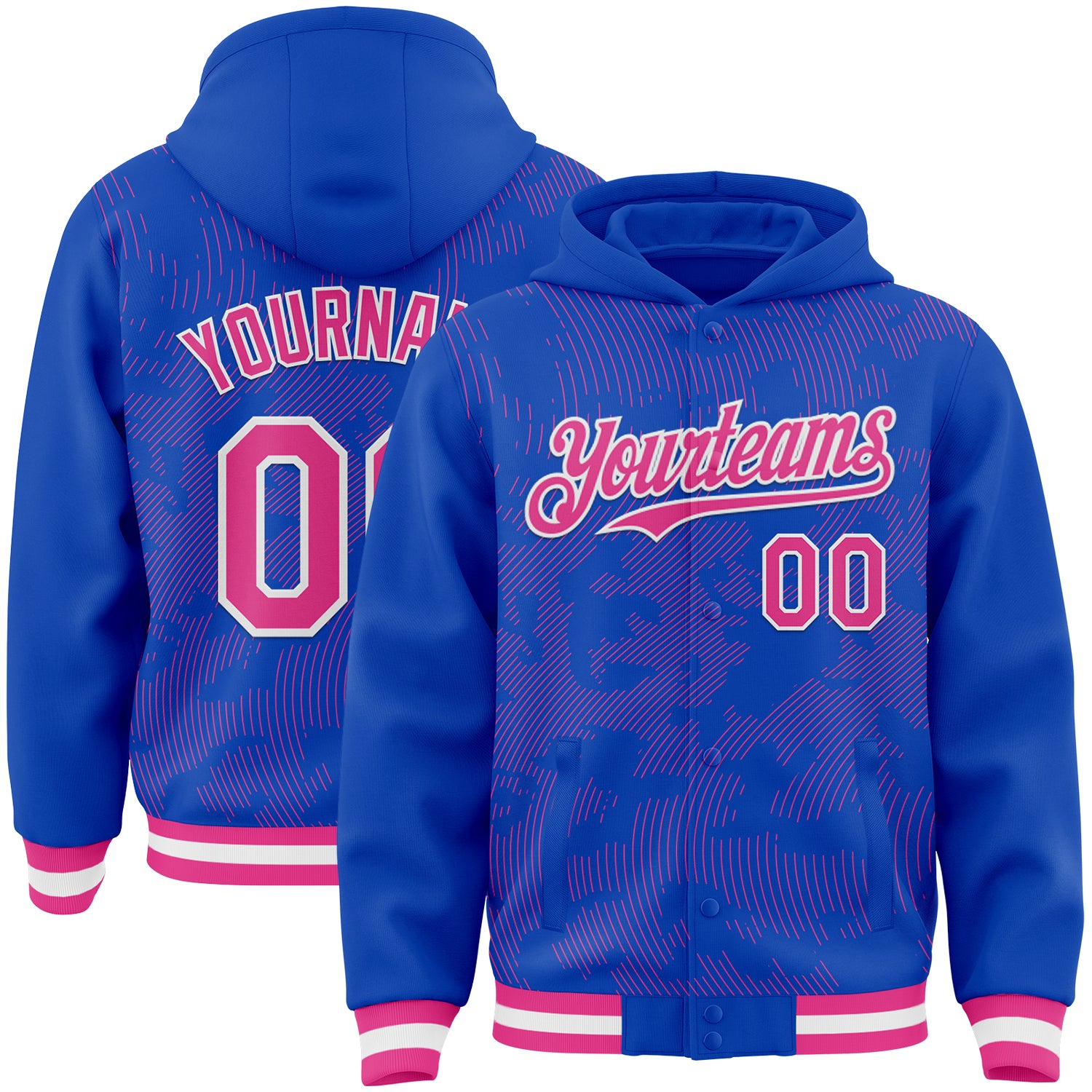 Custom Thunder Blue Pink-White Curve Lines Bomber Full-Snap Varsity Letterman Hoodie Jacket
