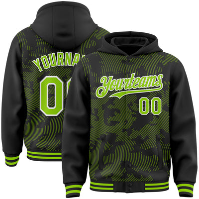 Custom Black Neon Green-White Curve Lines Bomber Full-Snap Varsity Letterman Hoodie Jacket