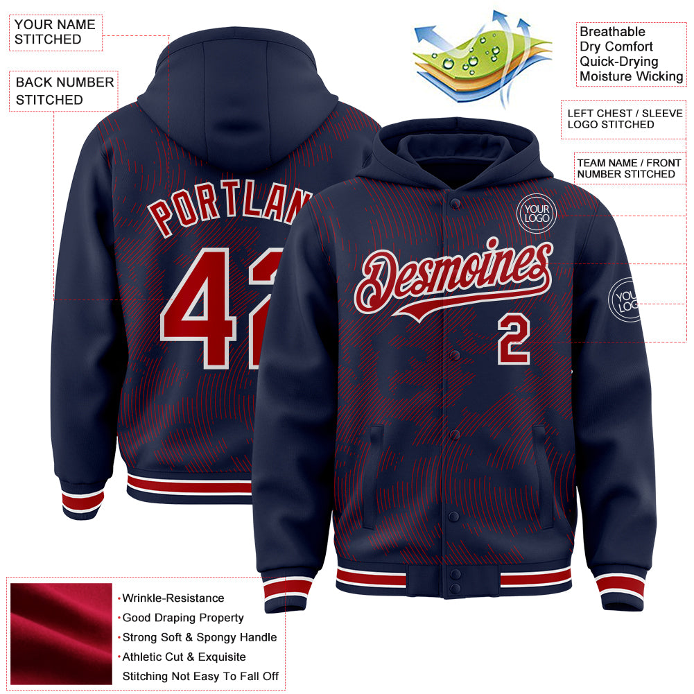 Custom Navy Red-White Curve Lines Bomber Full-Snap Varsity Letterman Hoodie Jacket