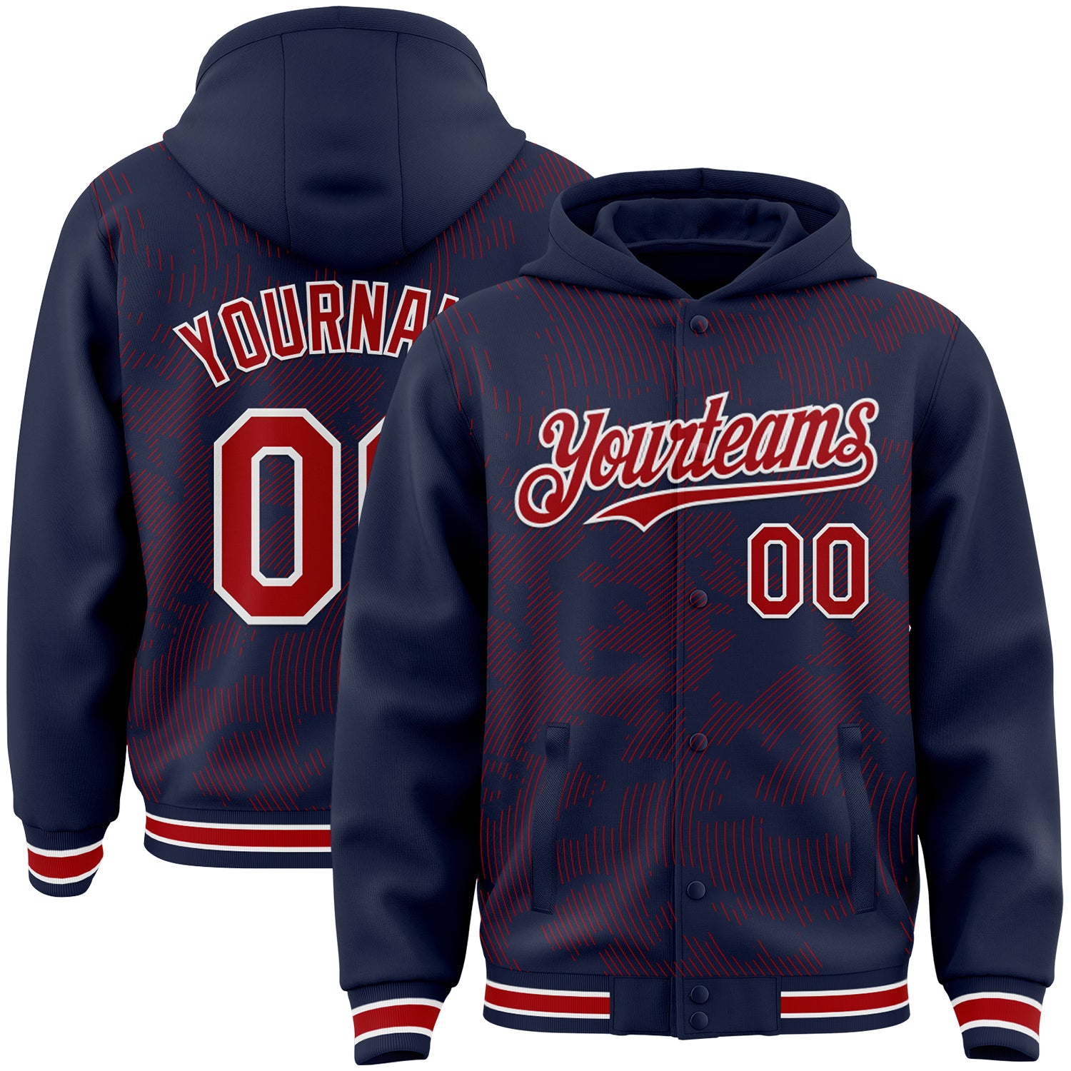 Custom Navy Red-White Curve Lines Bomber Full-Snap Varsity Letterman Hoodie Jacket