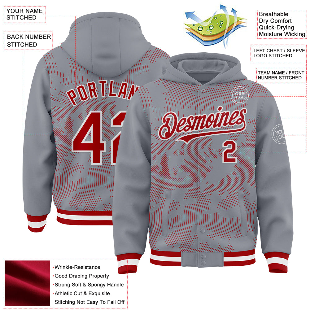 Custom Gray Red-White Curve Lines Bomber Full-Snap Varsity Letterman Hoodie Jacket